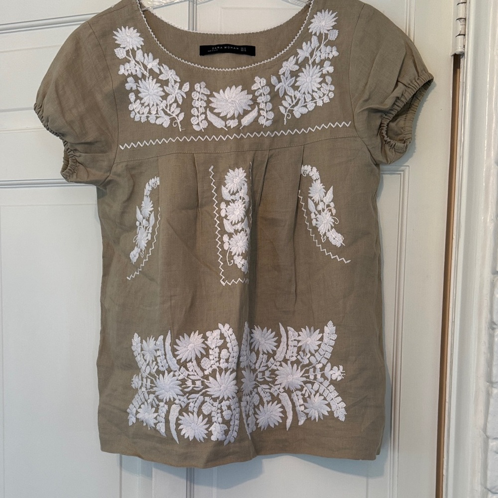 Zara woman Tan linen Blouse with White Embroidery
